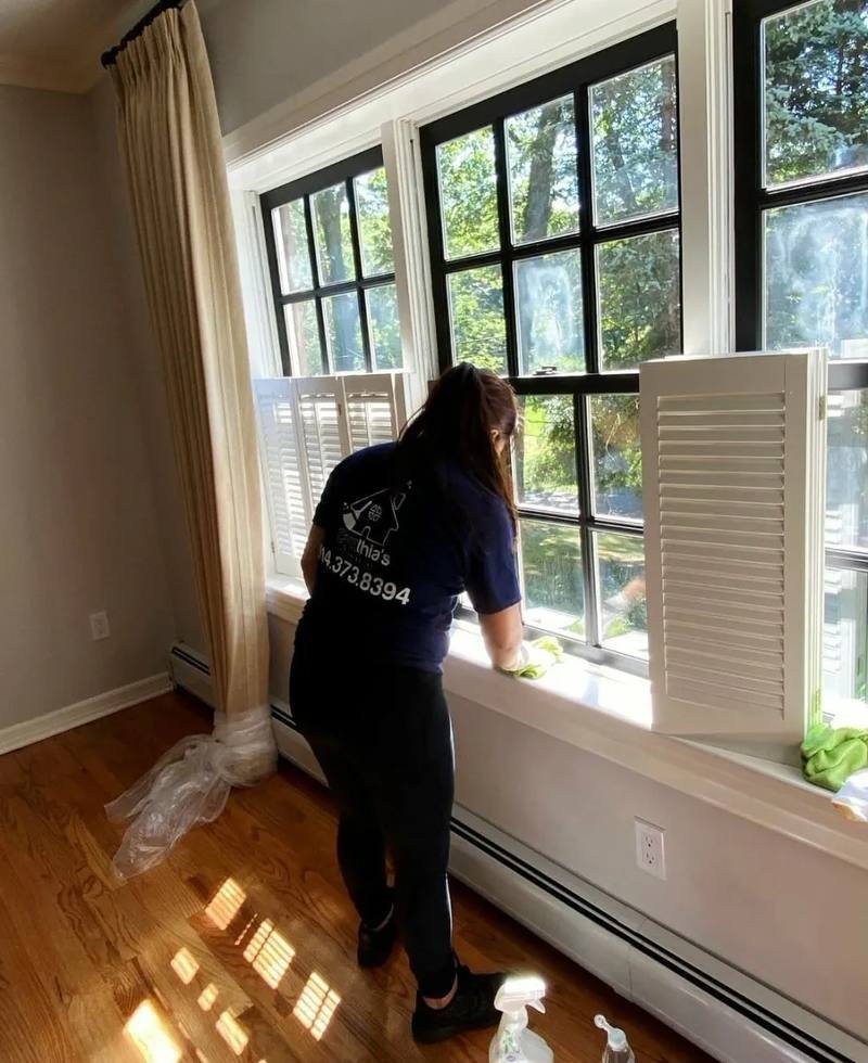 Cleaning window sills and panes in a sunlit room